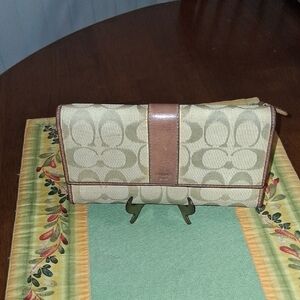 Coach Tan Leather and Light Yellow Canvas Material With C Signature Design